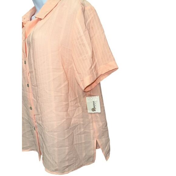 Michele Michelle Medium Top Orange Crepe Vertical Stripes Button Up Short Sleeve - Picture 4 of 5